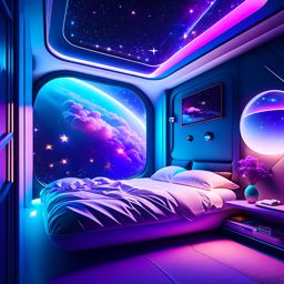 space explorer's bedroom with a zero-gravity sleeping pod and holographic constellations. 