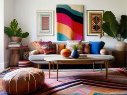 Bohemian-inspired living room with colorful Missoni Home cushions, an eclectic West Elm coffee table, and a Moroccan Beni Ourain rug.  