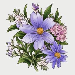 Aster and Larkspur Tattoo-Embracing the beauty of July with a tattoo featuring the birth flowers, aster and larkspur, symbolizing elegance and positive energy.  simple vector color tattoo