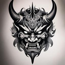 oni mask tattoo black and grey  simple color tattoo,white background,minimal