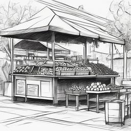 drawing of a fruit stand  minimal rough sketch scribbles,doodles,black and white