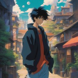 An anime boy, with a talent for illusions, navigates a city where reality and fantasy intertwine, blurring the boundaries of perception.  1990s anime style