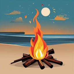 Celebration clipart - a bonfire on the beach with music  color,minimalist,vector clipart