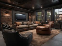 A media room designed with Post-Apocalyptic interior design features industrial furnishings, gritty decor, and a blend of textures that enhance the cinematic experience in a distinctive setting.  