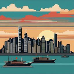 Hong Kong clipart - Hong Kong skyline with Victoria Harbour, ,color clipart vector style