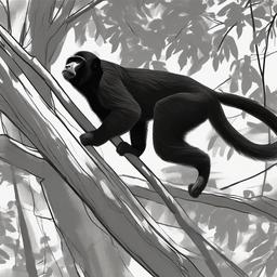 drawing of a howler monkey in trees  minimal rough sketch scribbles,doodles,black and white