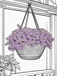 Verbena coloring page sheet - Verbena flowers blooming in a hanging basket on a sunny patio.  black outline printable coloring page