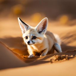 fennec fox kit digging a burrow in the golden sands of the desert 8k ultrarealistic cinematic 