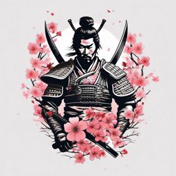 Samurai tattoo amidst blossoming cherry blossoms, symbolizing growth.  color tattoo,minimalist,white background