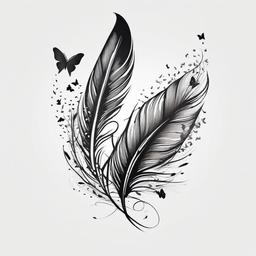 Feather Tattoo with Butterflies - Tattoo featuring a feather design accompanied by butterfly motifs.  simple vector tattoo,minimalist,white background