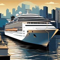 Boat clipart - cruise ship docked at a city harbor  