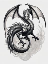 Fantasy Dragon Tattoo - Imaginative tattoo featuring a dragon in a fantasy setting.  simple color tattoo,minimalist,white background
