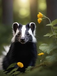 skunk kit exploring a fragrant woodland filled with wildflowers 8k ultrarealistic cinematic 