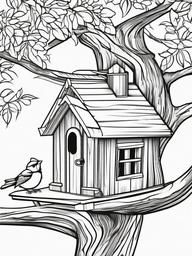 House Coloring Pages - Bird house hanging from a tree branch with colorful birds around  simple coloring pages