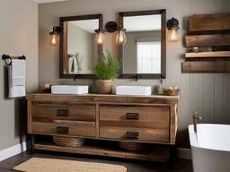 A bathroom with rustic interior design features reclaimed wood accents, vintage fixtures, and earthy tones that transform the space into a relaxing retreat.  