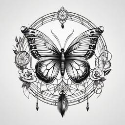 Butterfly Tattoo with Dream Catcher - Tattoo combining a dream catcher with butterfly motifs.  simple vector tattoo,minimalist,white background