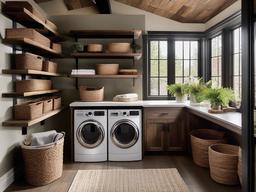 In the laundry room, rustic interior design includes open shelving, rustic storage baskets, and earthy decor that make chores feel less tedious in a beautifully curated space.  