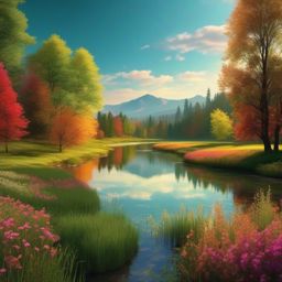 Aesthetic Landscape Wallpaper Serene Meadow Views by the Riverside wallpaper splash art, vibrant colors, intricate patterns