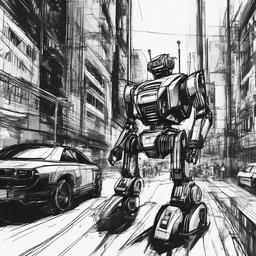 drawing of a robot in a city  minimal rough sketch scribbles,doodles,black and white