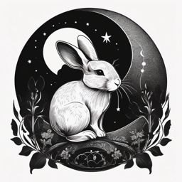 Rabbit with crescent moon ink. Nighttime whimsy in art.  minimalist black white tattoo style