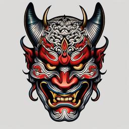 traditional japanese hannya mask tattoo  simple color tattoo,white background,minimal