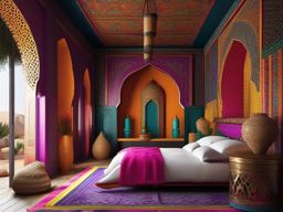 Exotic Moroccan Sleeping Space - Embrace exotic Moroccan design elements in your bedroom. , bedroom interior decor design ideas, multicoloured, photo realistic, hyper detail, high resolution,