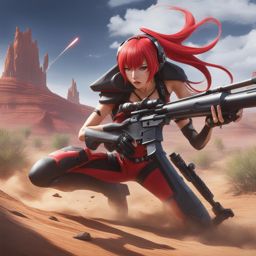 yoko littner takes aim with her high-caliber rifle against an alien threat in a desert wasteland. 