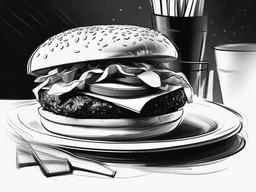 drawing of a burger with fries  minimal rough sketch scribbles,doodles,black and white