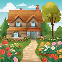 House clipart - cozy cottage in a garden  