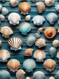 Seashell-patterned porcelain tiles with a luminous, underwater look top view, product photoshoot realistic background, hyper detail, high resolution