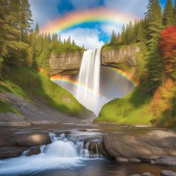 rainbow coloring pages - a rainbow spans across a picturesque waterfall in a forest. 