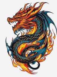 dragon tattoo with flames  simple color tattoo,white background