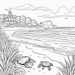 Summer Coloring Pages - Seaside view with sandcastles and crabs on the shore  simple coloring pages