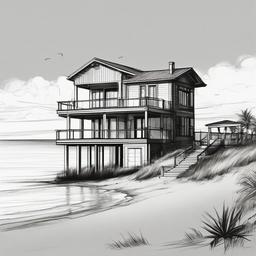 drawing of a beach house  minimal rough sketch scribbles,doodles,black and white