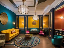 In the office break room, Egyptian Revival interior design includes vibrant colors, playful decor, and ornate lighting that encourages relaxation and socialization among employees.  