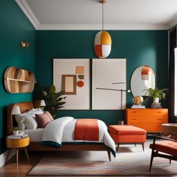 retro-inspired bedroom with mid-century modern furniture and bold colors. 