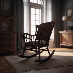 Neglected and broken rocking chair creaks with memories of lullabies and stories.  8k, hyper realistic, cinematic