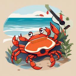 Crab clipart - crab playing a guitar on the shore  color,minimalist,vector clipart