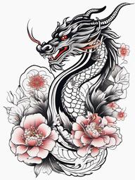 Japanese Dragon with Flowers Tattoo - Dragon with flowers in Japanese tattoo style.  simple color tattoo,white background,minimal