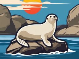 Seal Sticker - A content seal basking on a rocky shore, ,vector color sticker art,minimal