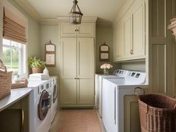 French Country laundry room highlights vintage fixtures, soft pastels, and charming accents, creating a quaint and inviting atmosphere for laundry tasks.  