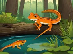 Newt Cartoon - Cartoon of newt in a woodland pond  