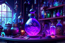 magical laboratory equipped with bubbling potions, arcane symbols, and alchemical tools. 