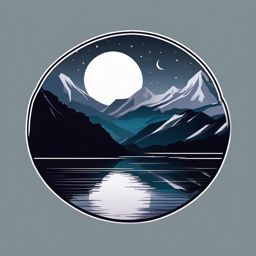 Moonlit mountain lake sticker- Reflective and calm, , sticker vector art, minimalist design