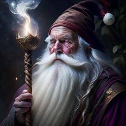 wise wizard with a flowing white beard, casting spells with a staff of gnarled wood. 