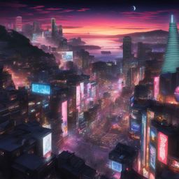 junko enoshima orchestrates pandemonium in a high-tech, neon-lit cityscape. 