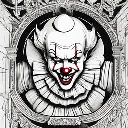 drawing of Pennywise in a funhouse mirror maze  minimal rough sketch scribbles,doodles,black and white