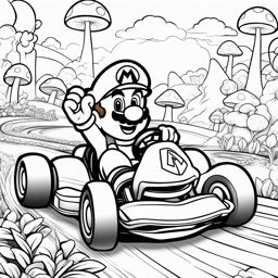 mario coloring pages - mario races through a colorful mushroom kingdom on his kart. 