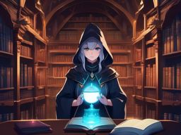 Mysterious mage in a hidden arcane library.  front facing ,centered portrait shot, cute anime color style, pfp, full face visible