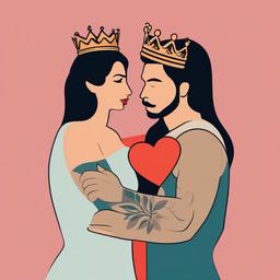 Couple Queen and King Tattoo - Embrace equality and love with matching couple tattoos.  minimalist color tattoo, vector